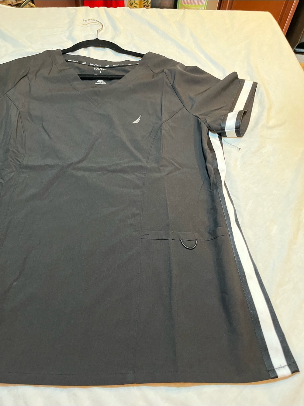 Nautica Black Scrub Top with White Side and Sleeve Stripes size large